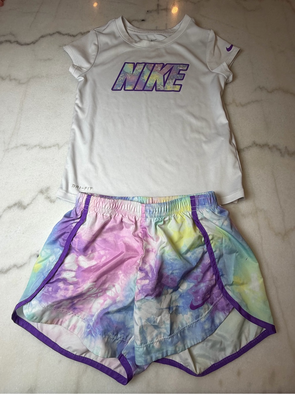 Nike White Dri-FIT Top with Pastel Rainbow Tie-Dye Waistband